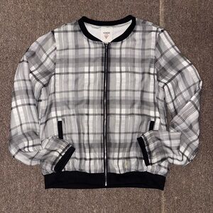 GUESS Black & White Plaid Zip-Front Bomber Jacket
